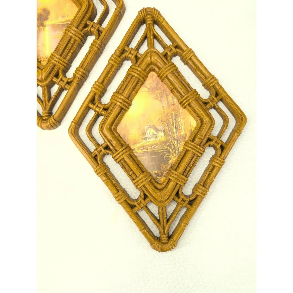 Homco Wall Plaques Brown Vintage 1983 Faux Bamboo Diamond Cottage Set of 2 325 3